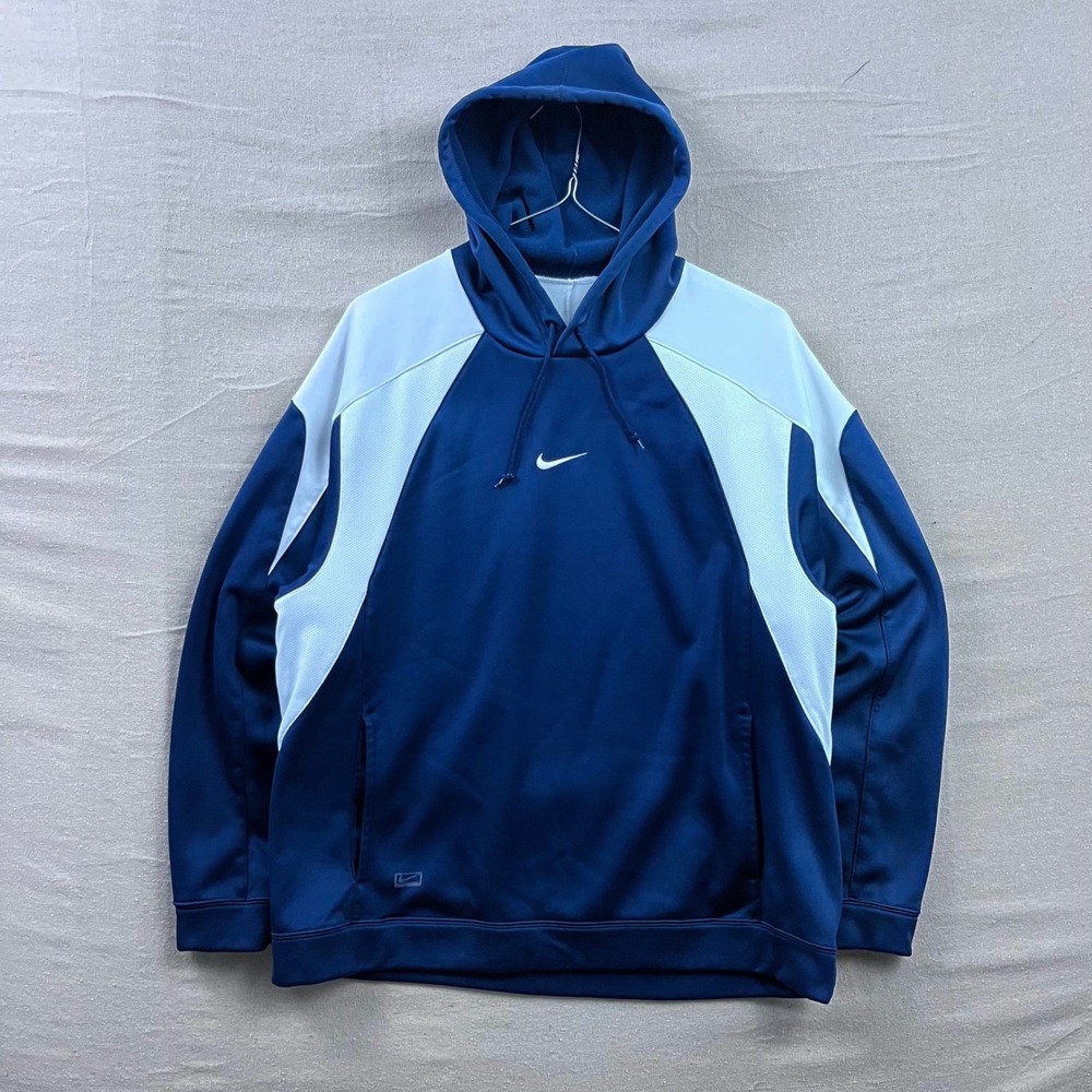 Nike Hoodie Mens Large‎ Navy Blue White Center Swoosh Mesh Panel Fleece Pullover